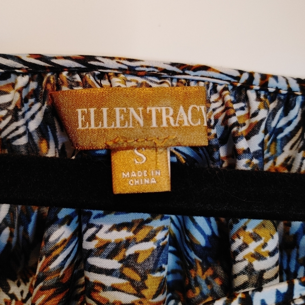 Ellen Tracy Boho Print Blouse Small Tie Neck 3/4 Sleeve Flowy Top Blue Brown - Picture 6 of 6